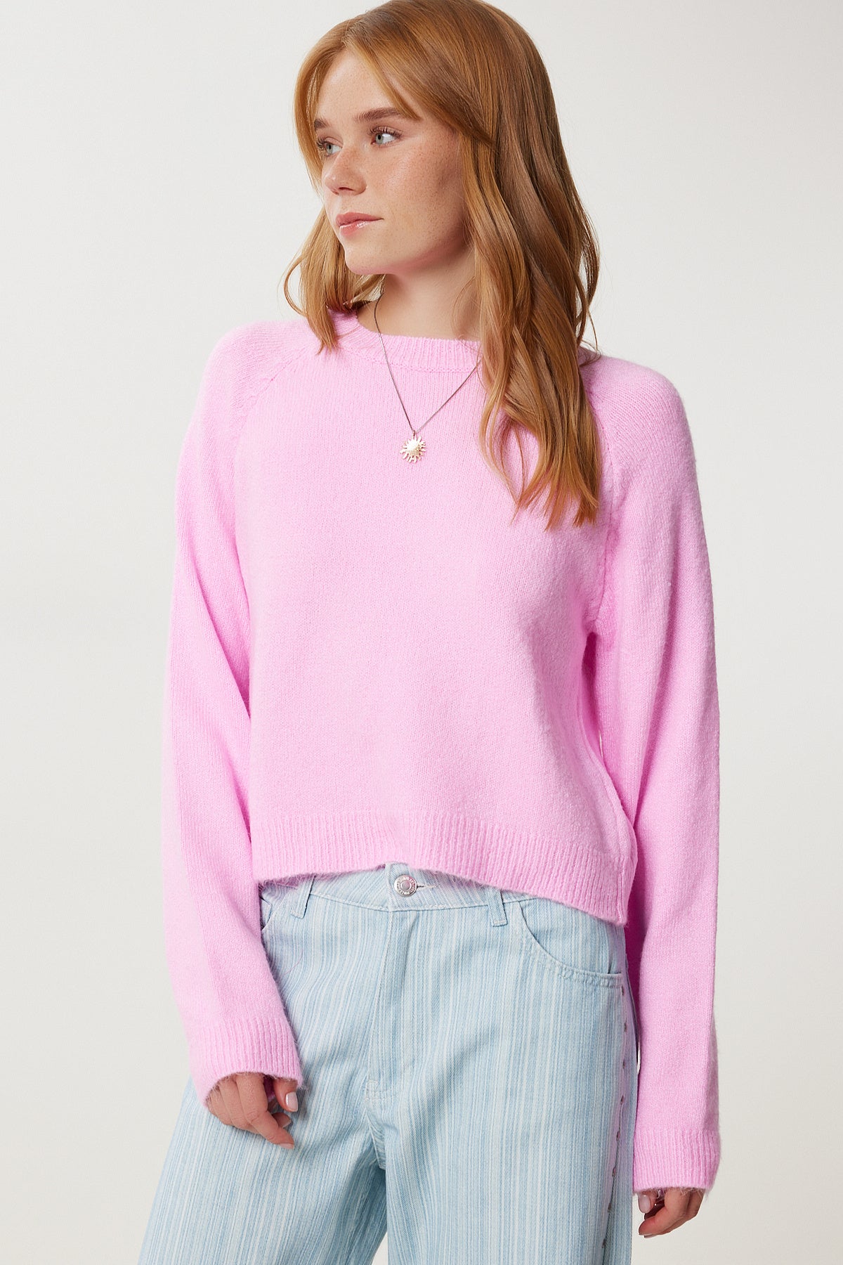 Şeker Pembe Basic Crop Triko Kazak Kİ00149