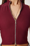 Bordo Fermuarlı Fitilli Crop Bluz KH00100