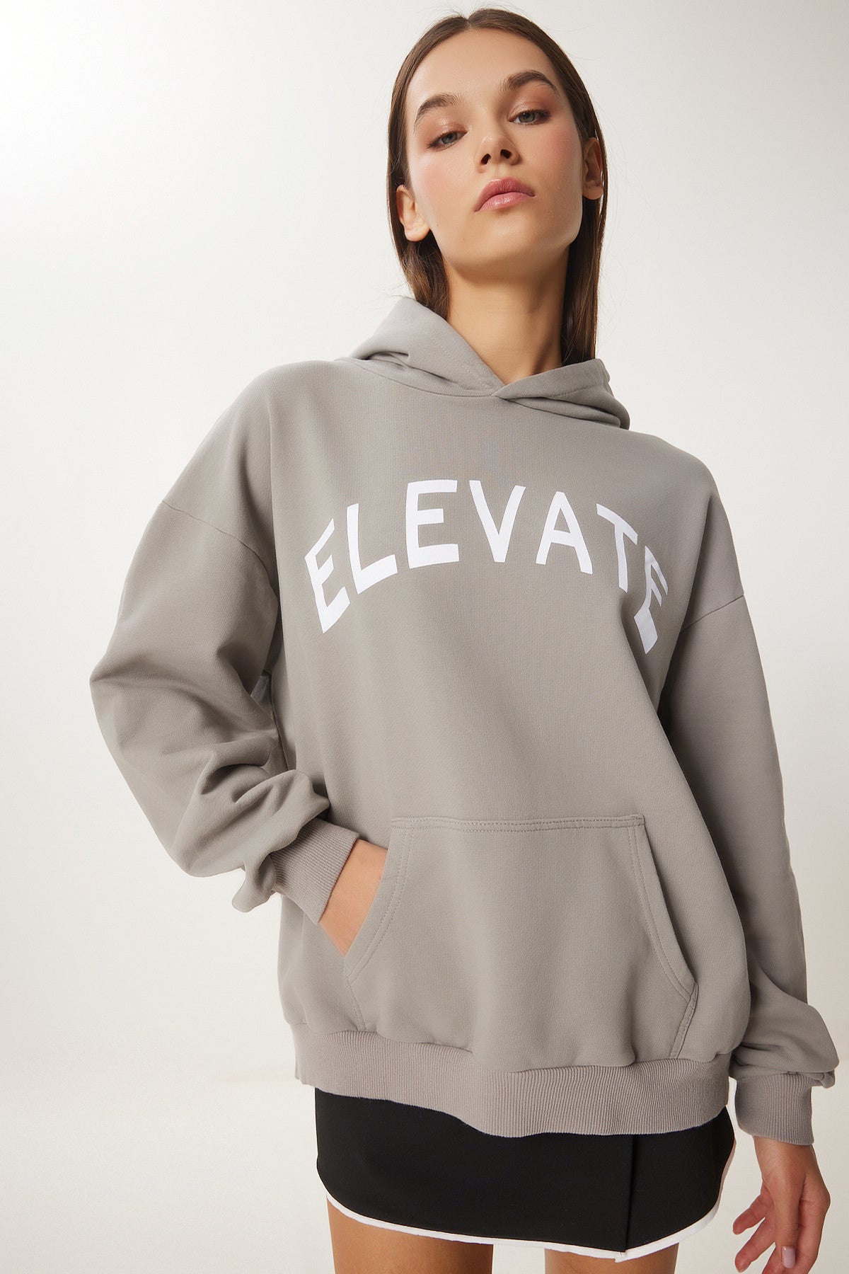 Gri Kapüşonlu Baskılı Oversize Örme Sweatshirt CE00095