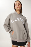 Gri Kapüşonlu Baskılı Oversize Örme Sweatshirt CE00095