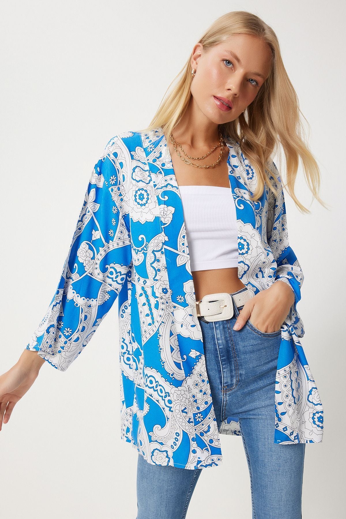 Mavi Beyaz Desenli Viskon Kimono EN00615