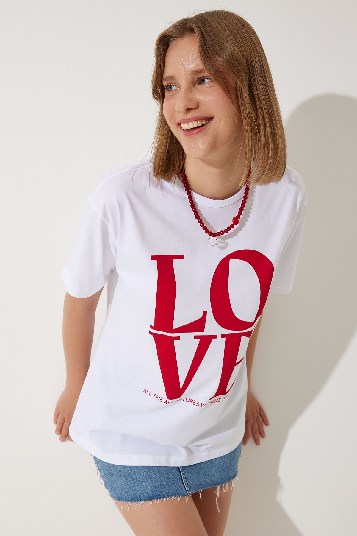 Beyaz Baskılı Oversize Pamuklu T-Shirt NJ00150