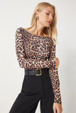 Siyah Bej Leopar Desenli Çıtçıtlı Dokuma Bluz YK00084