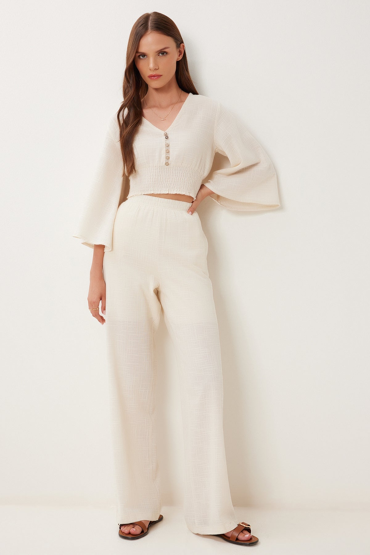 Krem Keten Bluz Pantolon Takım BV00160