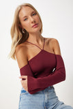 Bordo Çapraz İpli Triko Bluz  FN03340