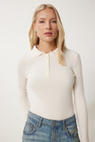 Krem Polo Yaka Fitilli Triko Kazak US00954