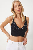 Siyah İnci Detaylı Ajurlu Crop Triko Bluz  FN03366