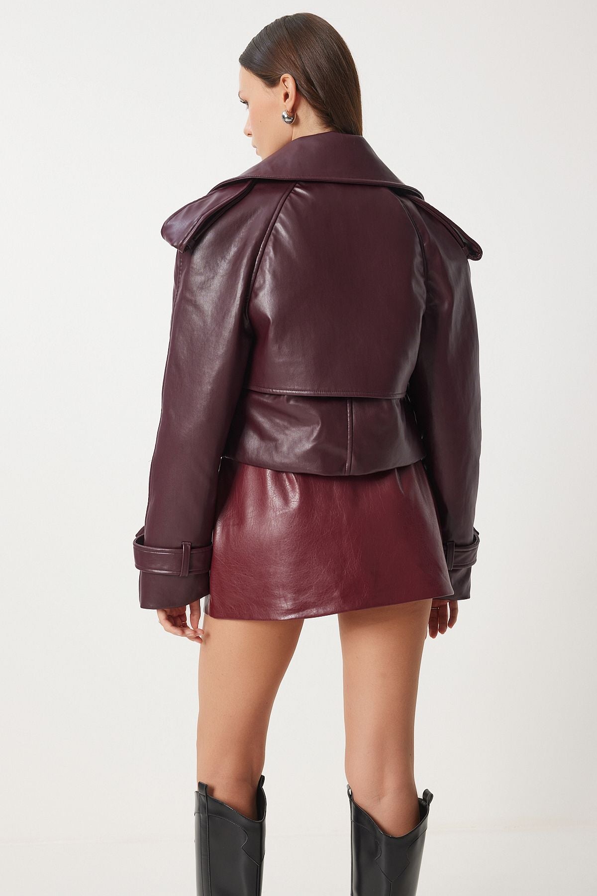 Bordo Oversize Suni Deri Ceket OH00059