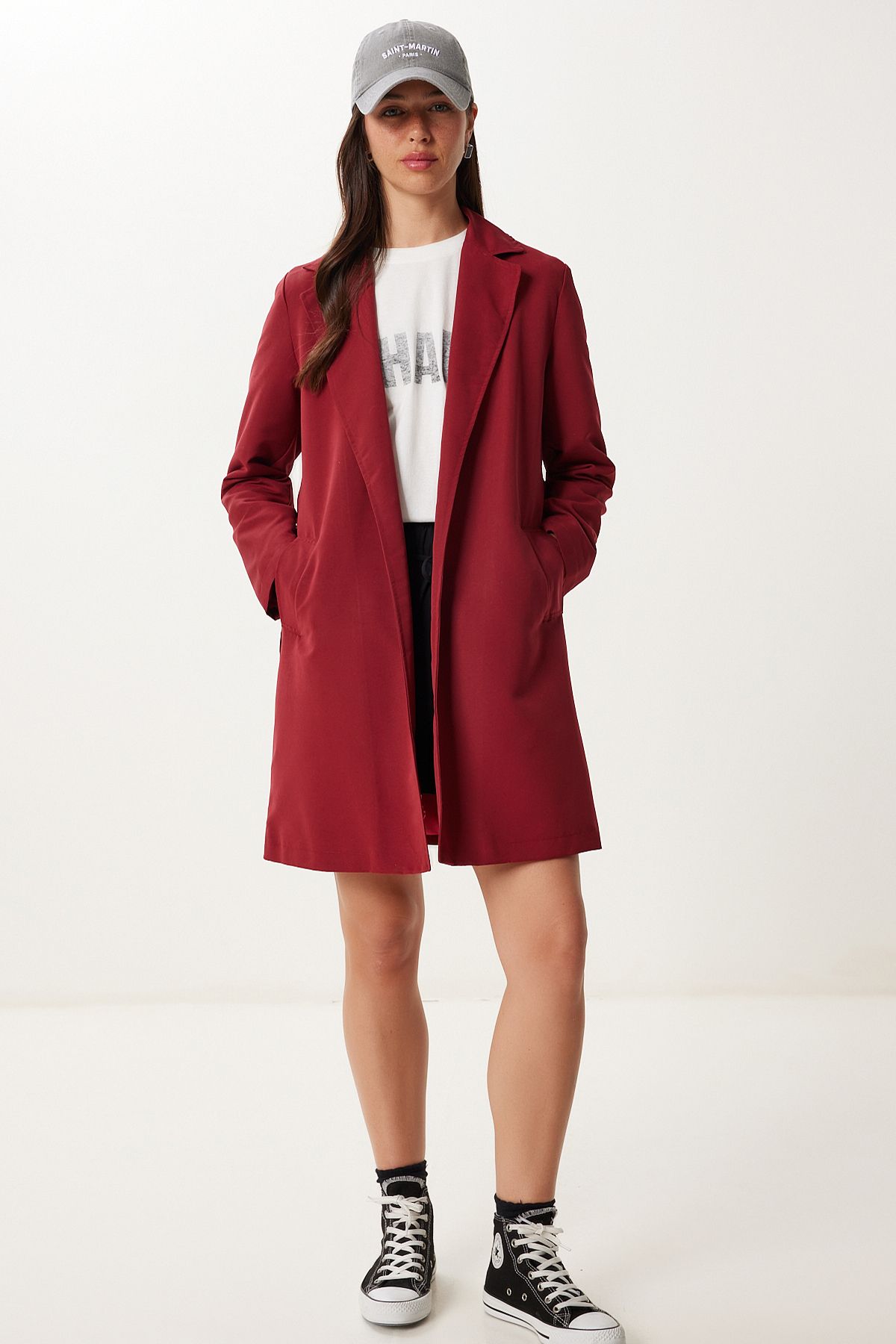Bordo Kuşaklı Kısa Dokuma Trençkot GP00027