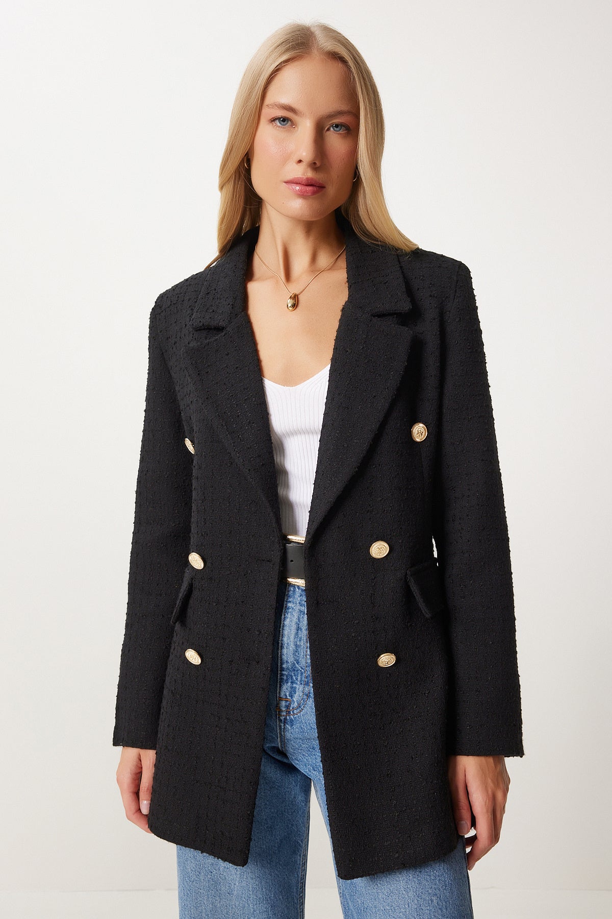 Siyah Düğmeli Blazer Tüvit Ceket WF00004