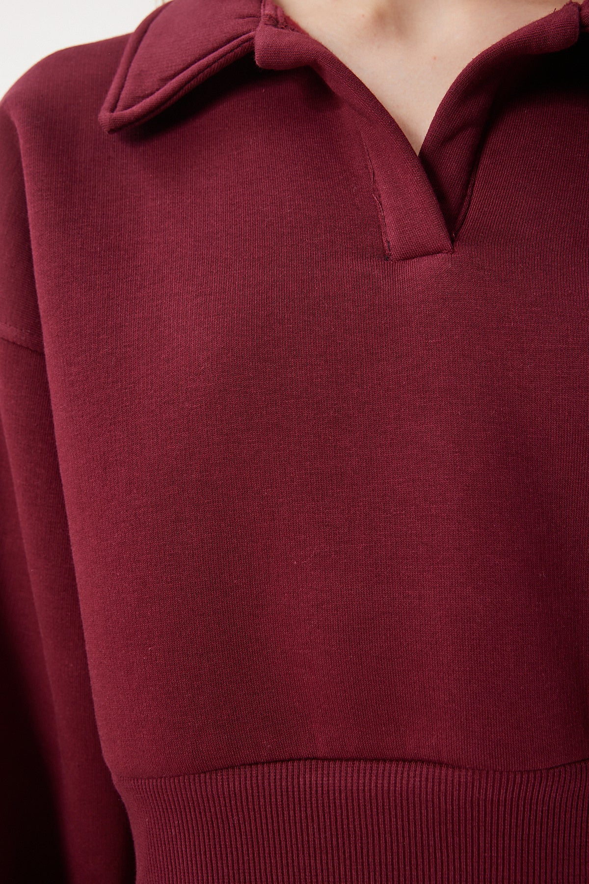 Bordo Polo Yaka Şardonlu Crop Örme Sweatshirt HW00014