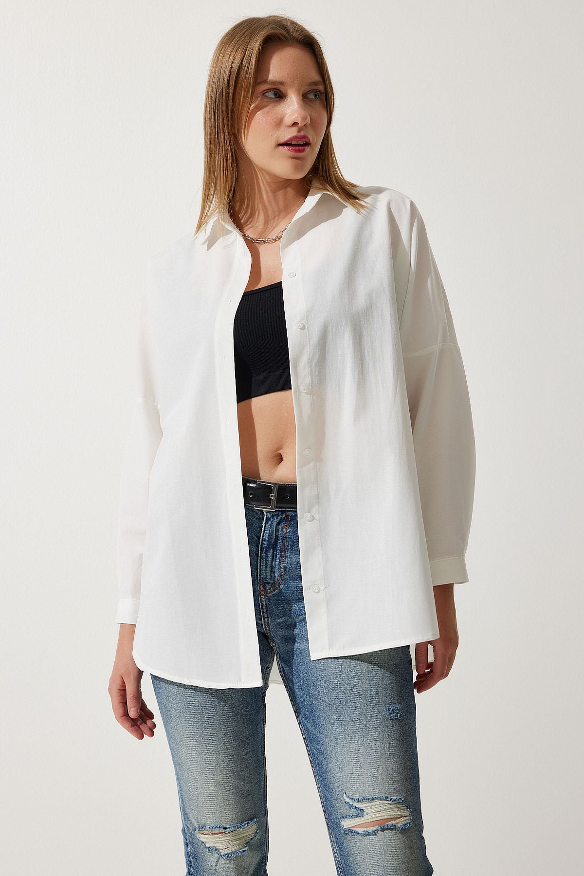 Ekru Oversize Uzun Basic Gömlek DD00842
