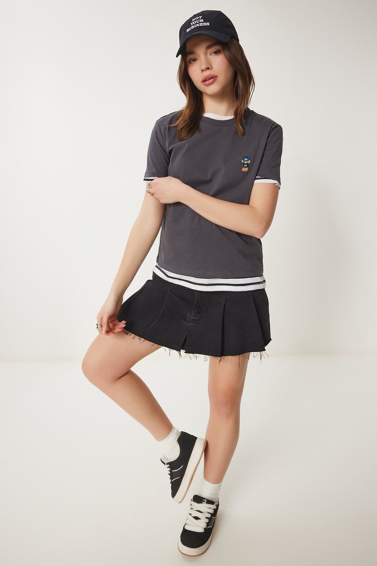 Antrasit Ayıcık İşlemeli Pamuklu Örme T-Shirt CR00455