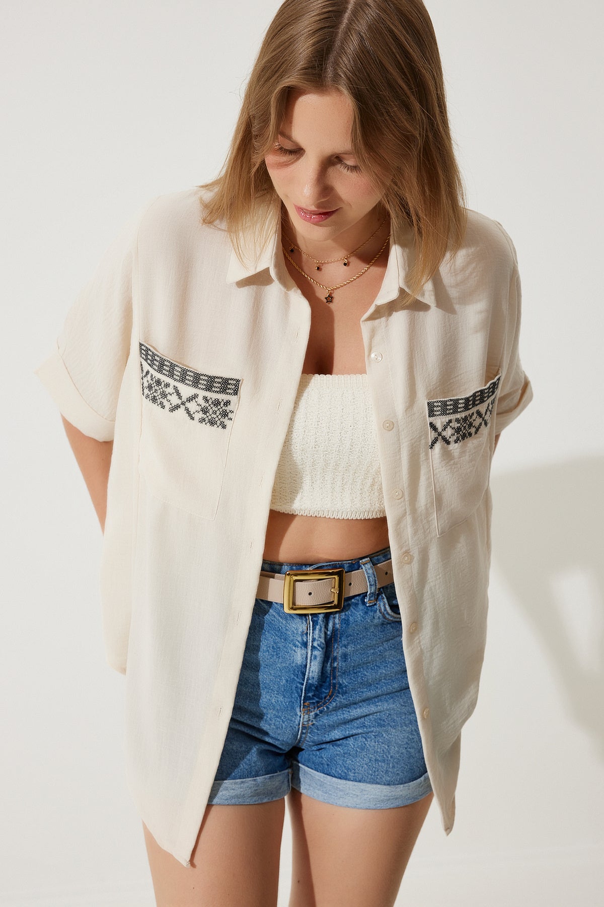 Krem Nakışlı Cepli Oversize Keten Ayrobin Gömlek RG00031