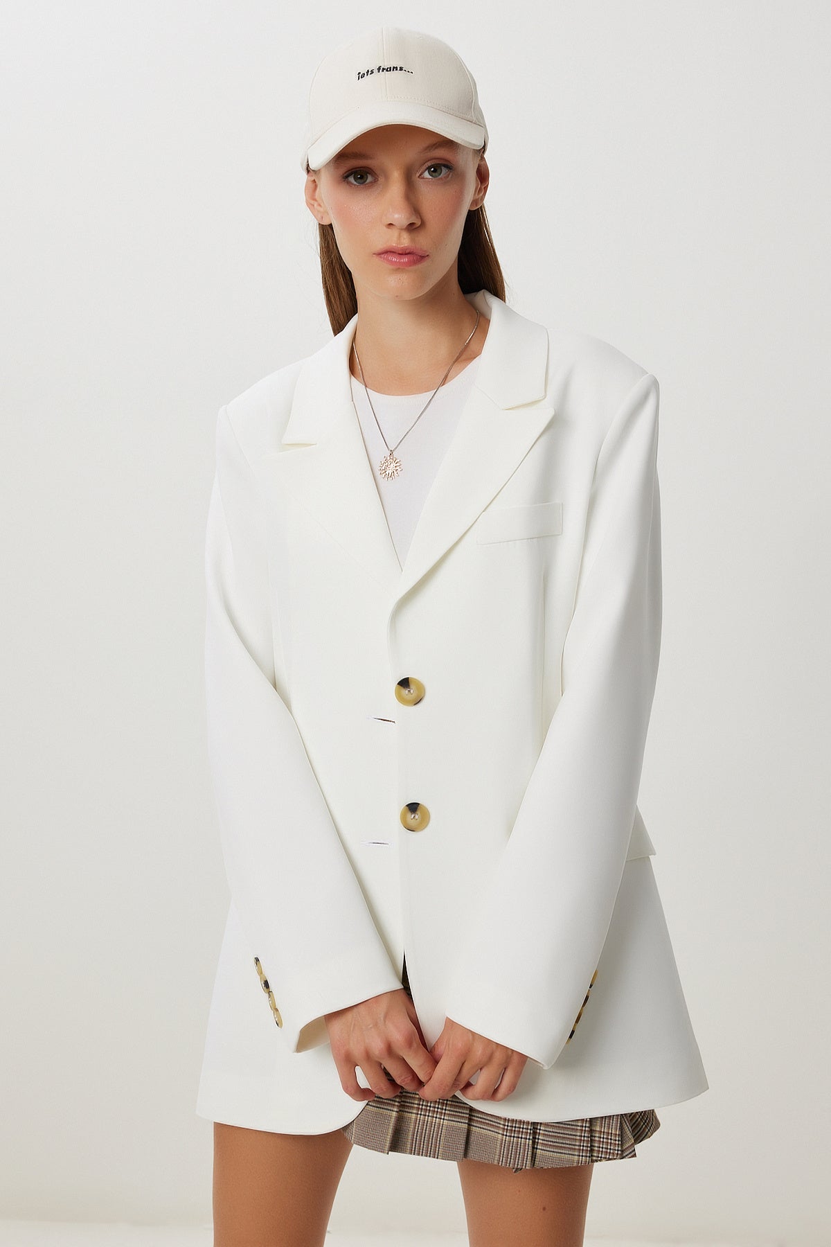 Ekru Vatkalı Oversize Dokuma Ceket KT00028