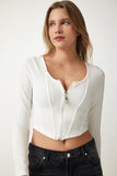 Beyaz Fermuarlı Fitilli Crop Bluz SF00006