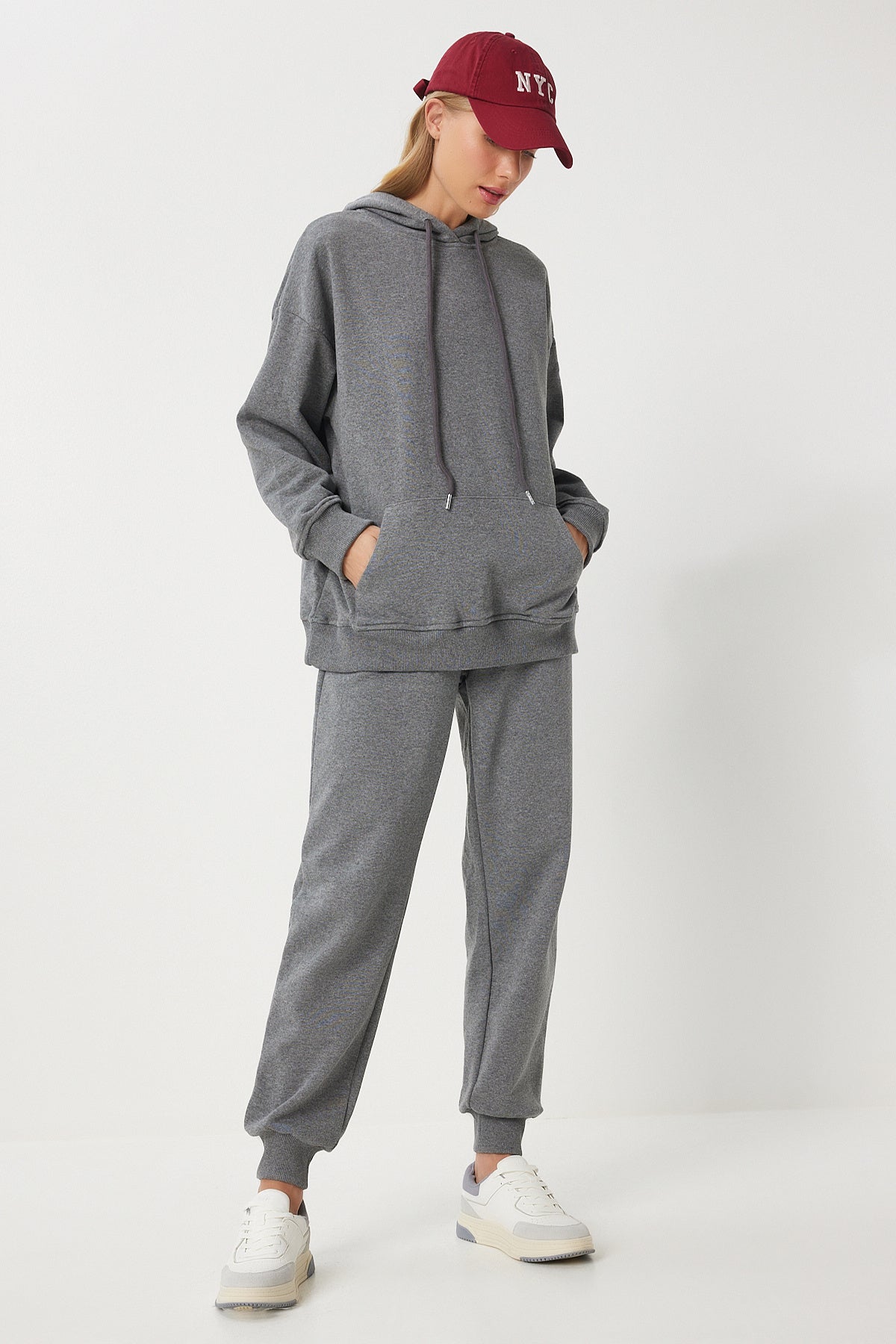 Antrasit Kapüşonlu Sweatshirt Jogger Oversize Örme Eşofman Takımı PYS0027