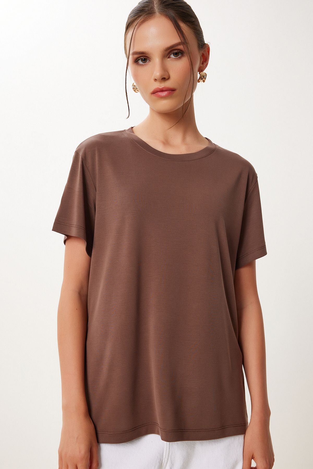 Vizon Kahverengi 2’Li Paket Basic Modal Örme T-Shirt FN03468
