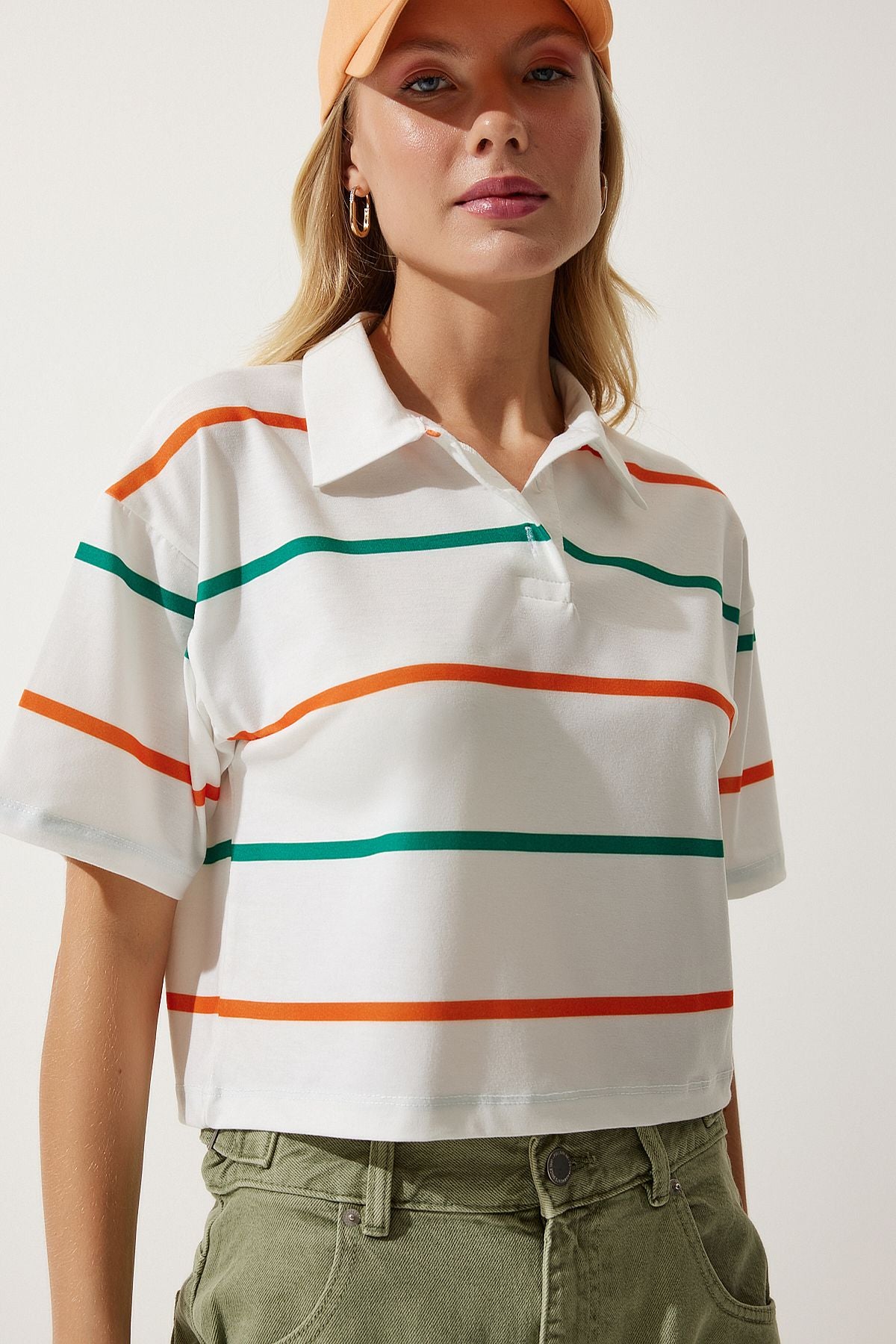 Ekru Oranj Polo Yaka Çizgili Kısa Örme T-Shirt HF00454