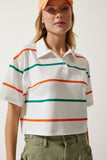 Ekru Oranj Polo Yaka Çizgili Kısa Örme T-Shirt HF00454
