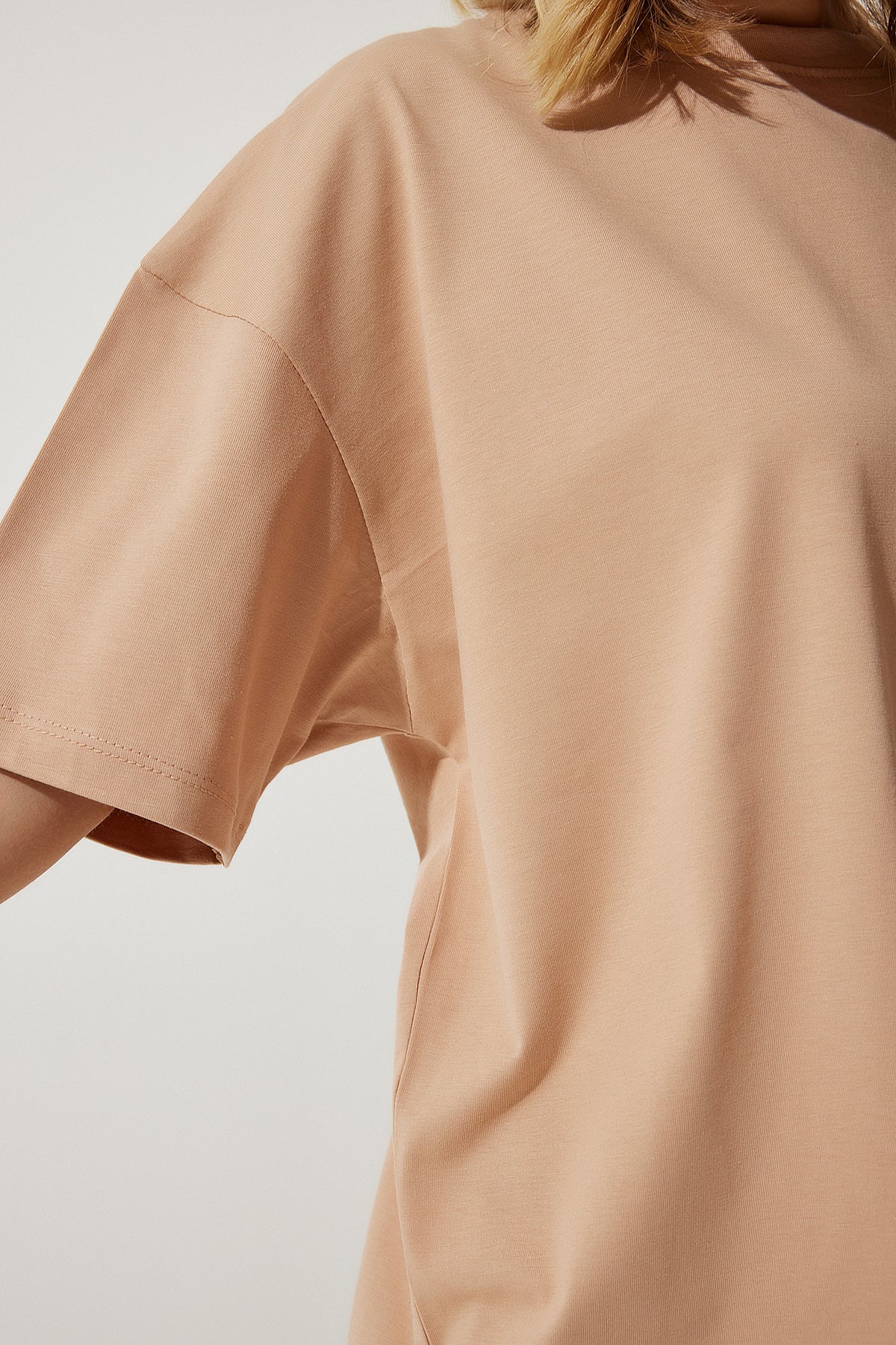 Koyu Bej Bisiklet Yaka Basic Oversize Örme T-Shirt BF00091