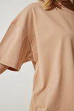Koyu Bej Bisiklet Yaka Basic Oversize Örme T-Shirt BF00091