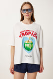 Ekru Baskılı Pamuklu Örme T-Shirt YY00239