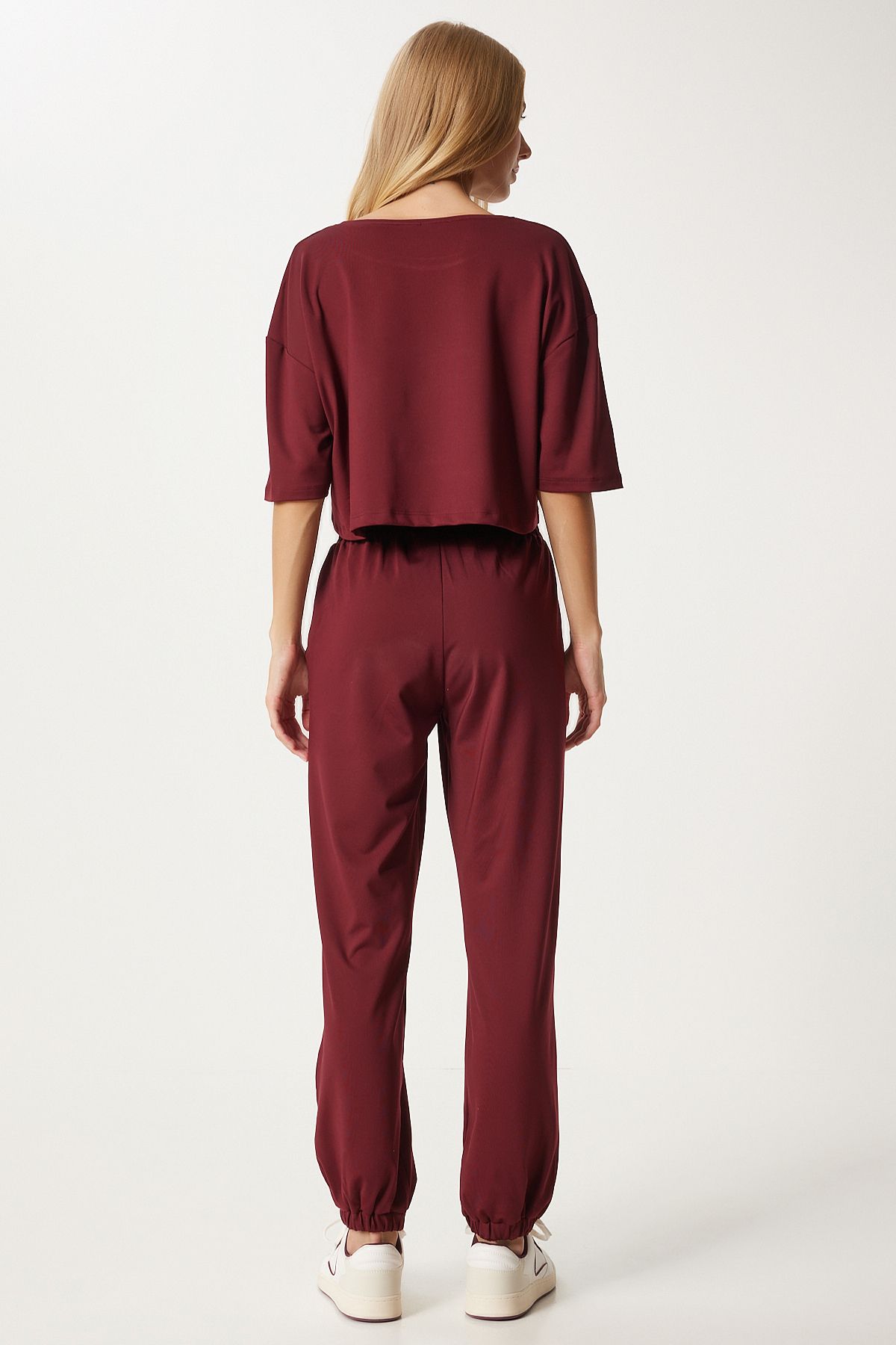Bordo Crop T-Shirt Jogger Altlı Örme Eşofman Takımı FN03316