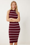 Bordo Çizgili Yazlık Triko Bodycon Elbise NS00442