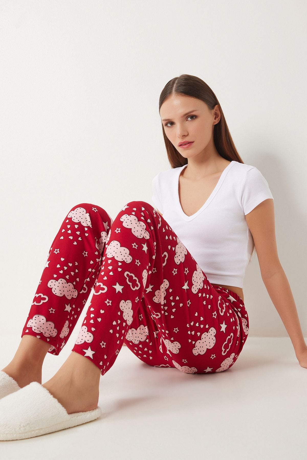 Kırmızı Pembe Desenli Yumuşak Dokulu Örme Pijama Altı EC00047