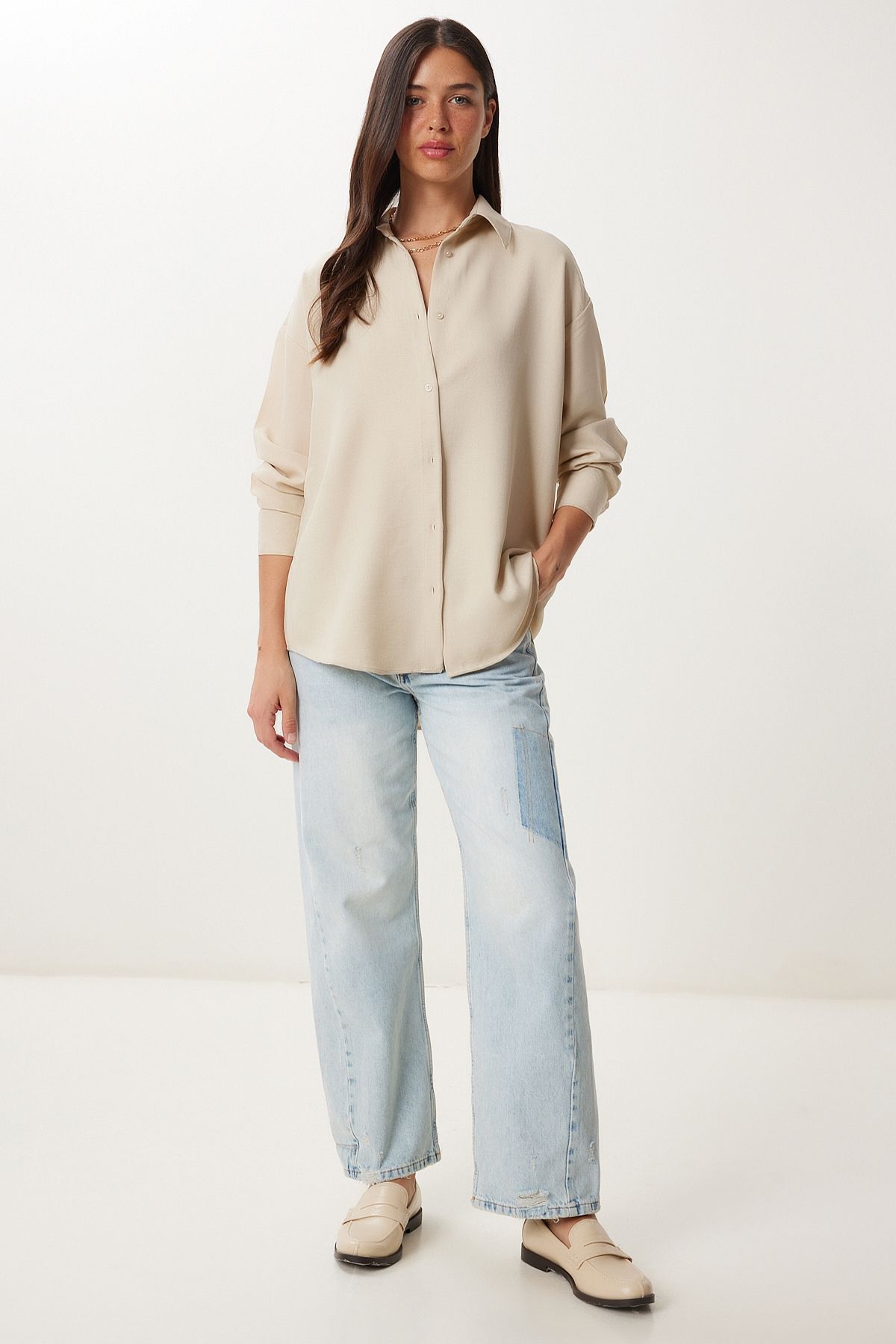 Taş Oversize Keten Gömlek PB00052