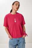 Koyu Pembe Baskılı Oversize Örme T-Shirt AN00245