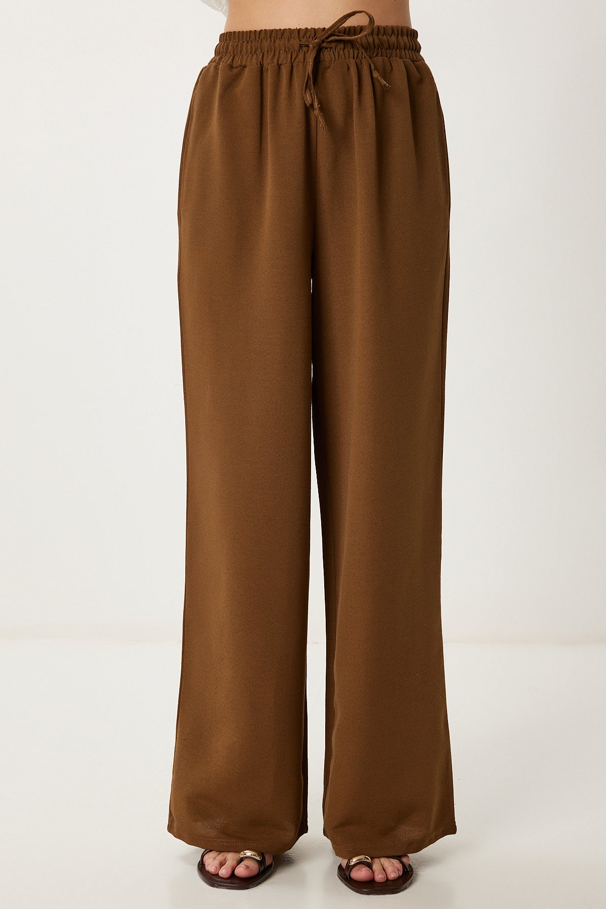 Kahverengi Geniş Paça Keten Pantolon DP00261