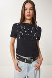 Siyah Şık Taşlı Crop Örme T-Shirt JH00053