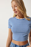 Mavi Çizgili Crop Örme T-Shirt NJ00139