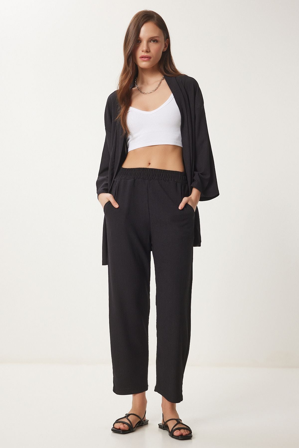 Siyah Kimono Pantolon Örme Takımı BY00050