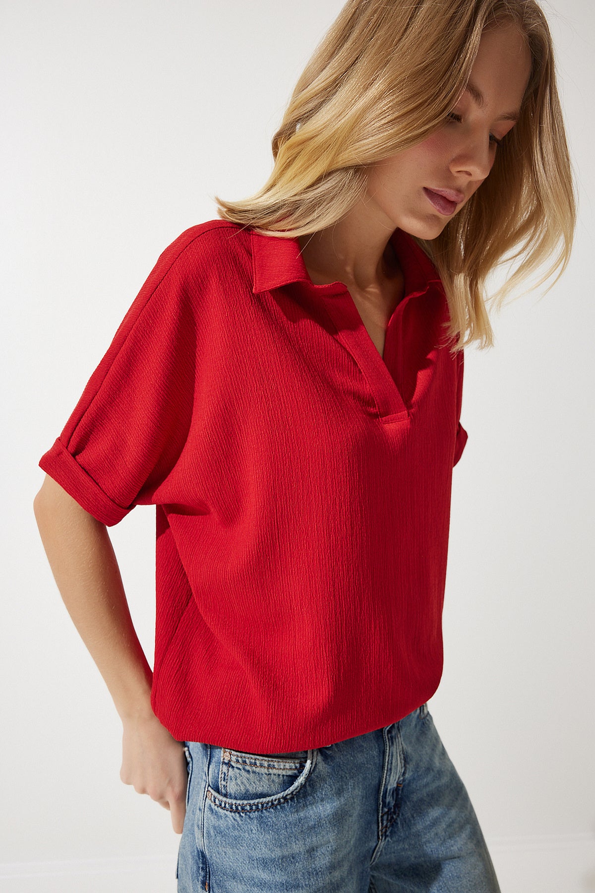 Kırmızı Polo Yaka Örme Krinkıl Bluz DD01299