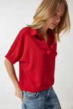 Kırmızı Polo Yaka Örme Krinkıl Bluz DD01299