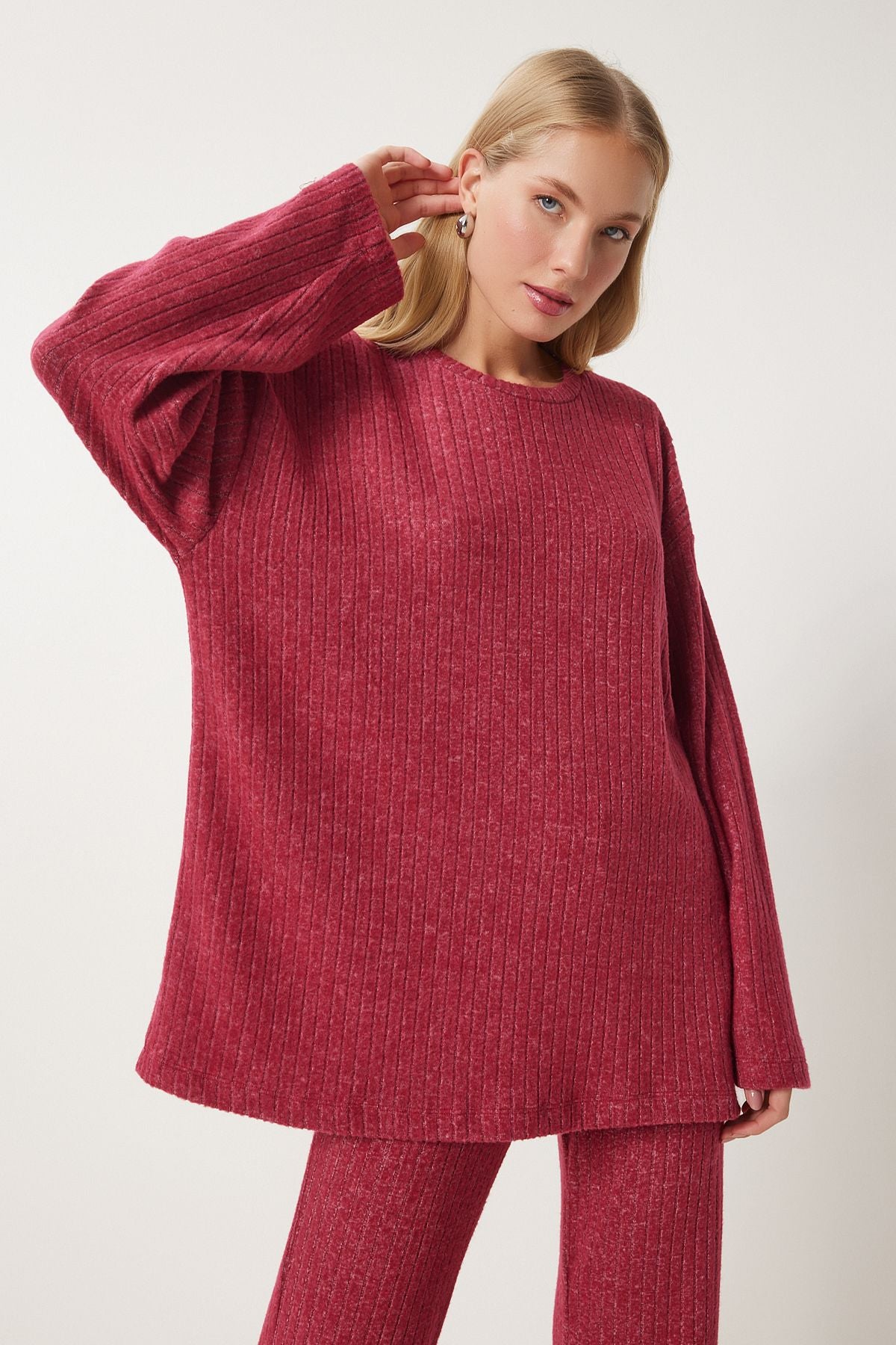 Kırmızı Rahat Fitilli Örme Bluz Pantolon Takım RG00047
