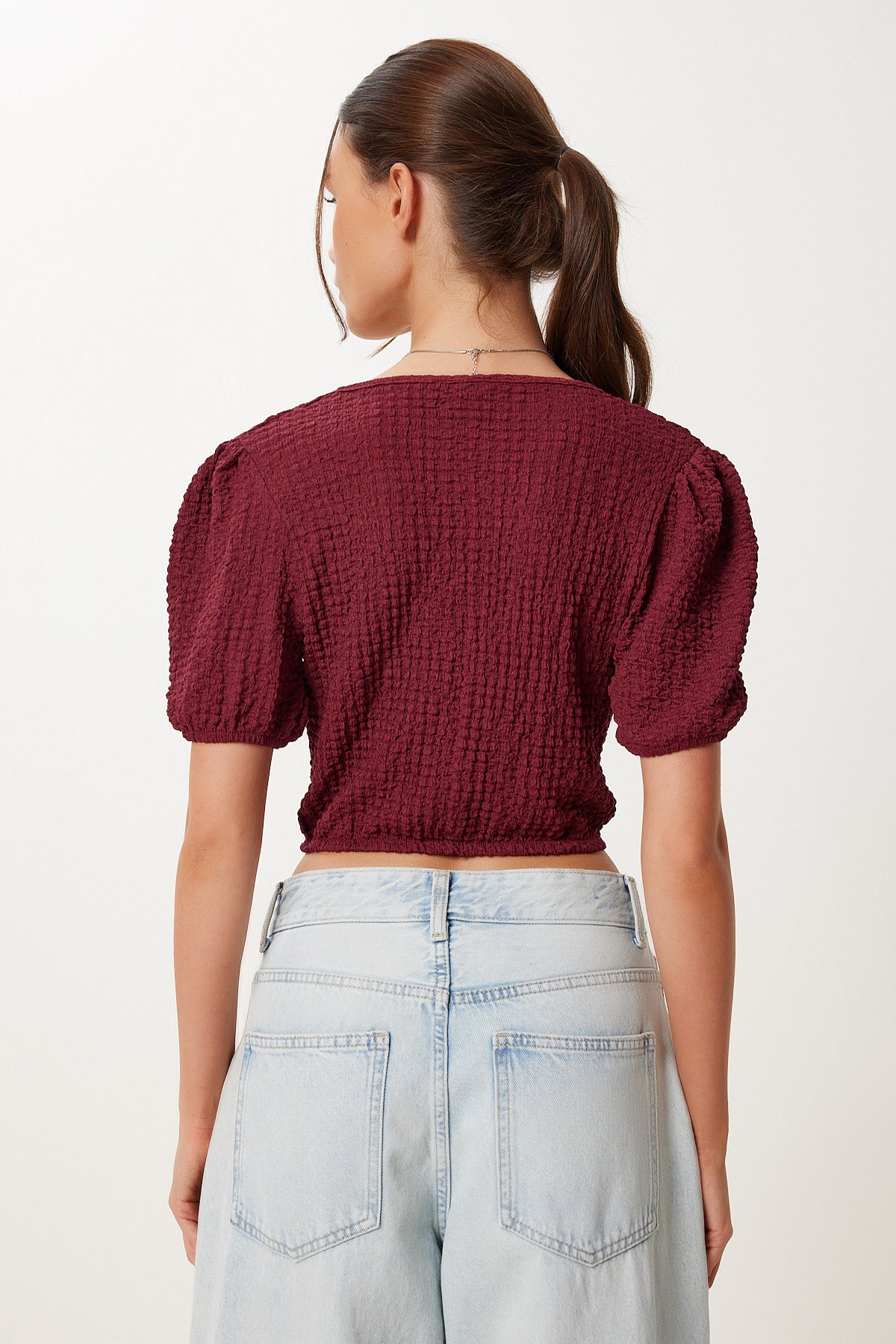 Bordo Balon Kollu Crop Örme Bluz ZV00278