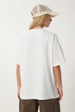 Ekru Ayıcık Armalı Pamuklu Oversize Örme T-Shirt CR00464