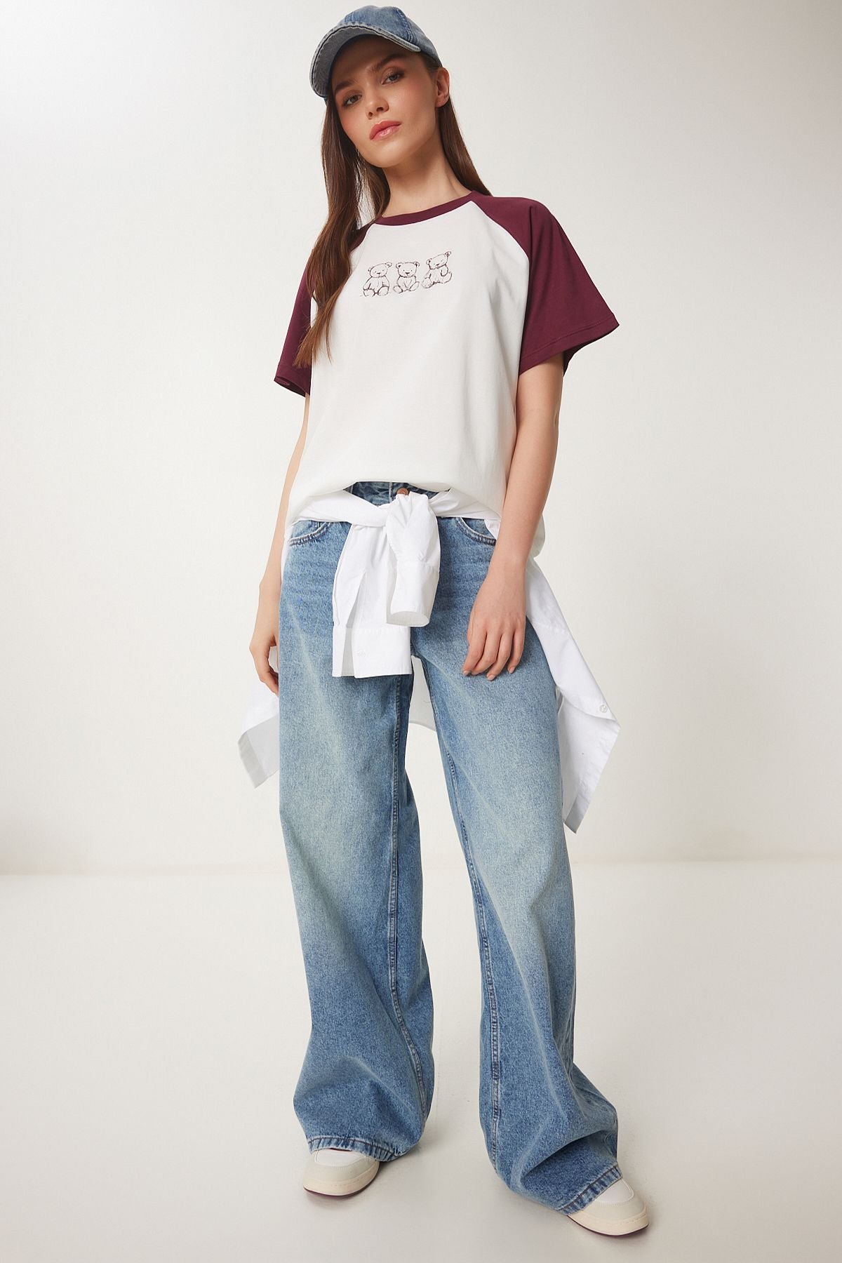 Bordo Kemik Ayıcık Baskılı Pamuklu Örme T-Shirt CR00477