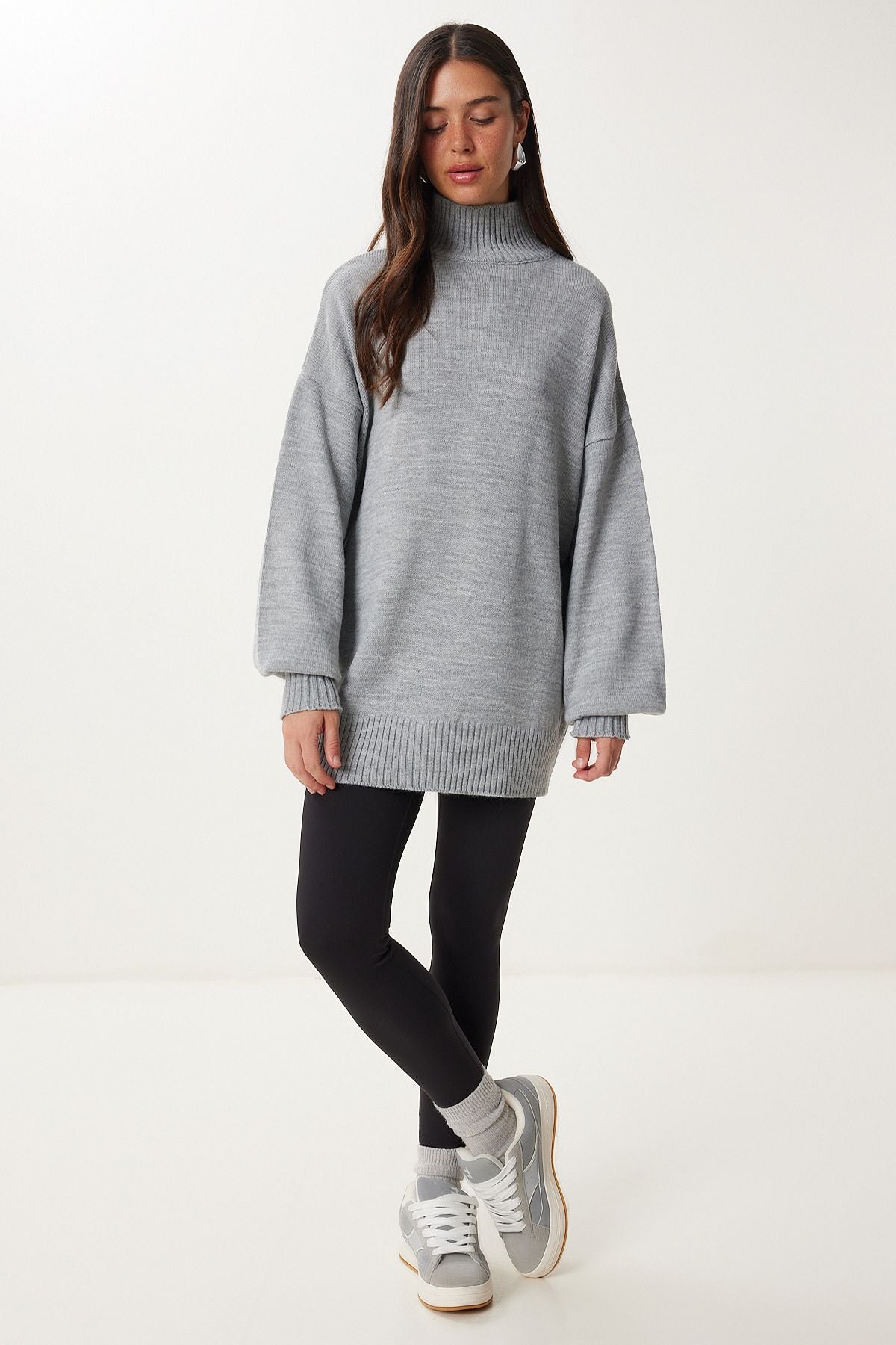 Gri Dik Yaka Oversize Basic Triko Kazak YY00167