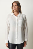 Beyaz Oversize Keten Ayrobin Gömlek DD01222