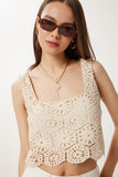 Krem Dantel Detaylı Crop Keten Bluz OK00073