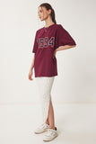 Bordo Oversize Baskılı Örme T-Shirt ZV00280