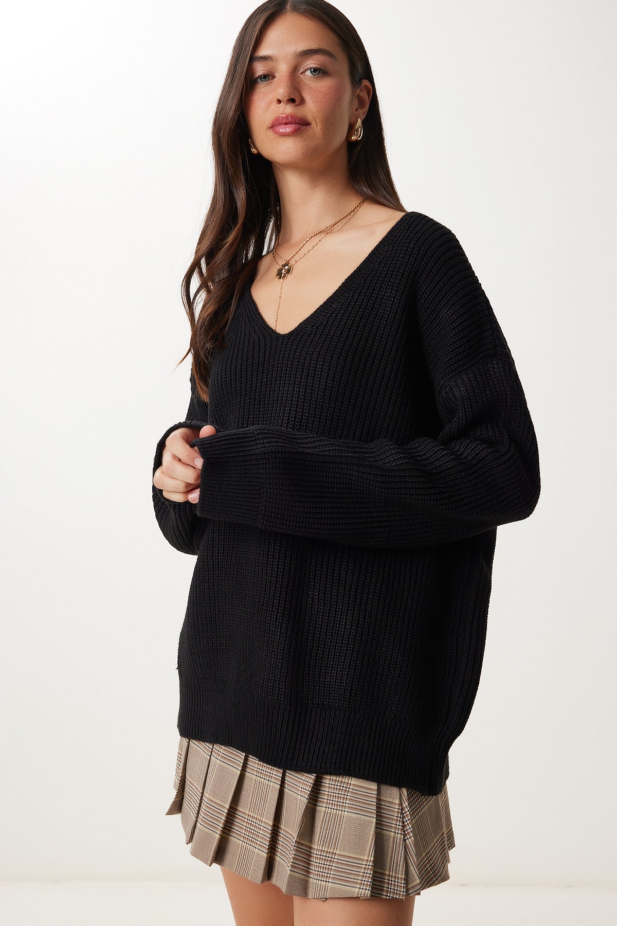 Siyah V Yaka Oversize Basic Triko Kazak MX00130