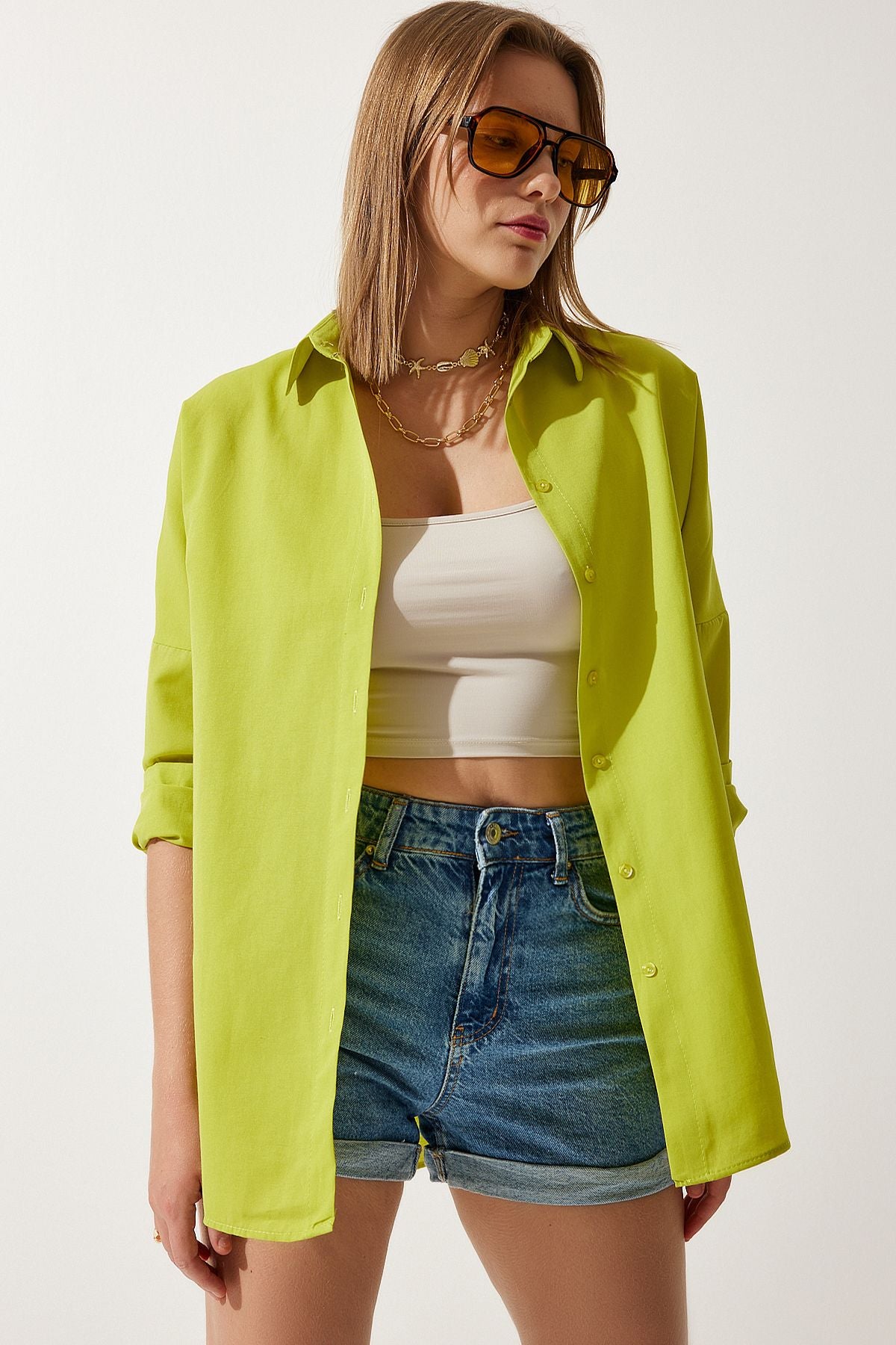 Yağ Yeşili Oversize Uzun Basic Gömlek  DD00842