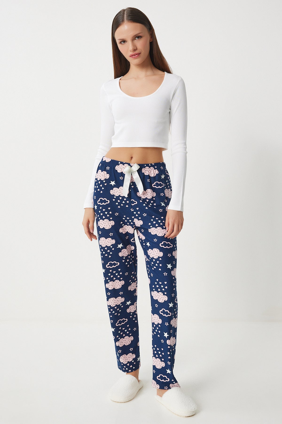 Lacivert Pembe Desenli Yumuşak Dokulu Örme Pijama Altı EC00047