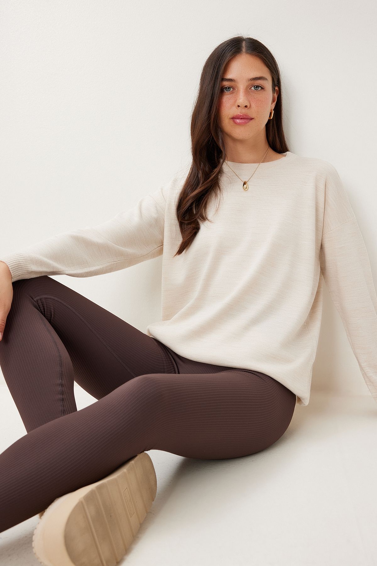 Bej Bisiklet Yaka Basic Kazak BV00077